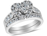 1.00 Carat (ctw H-I, I1-I2) Diamond Heart Engagement Ring & Wedding Band Set in 14K White Gold